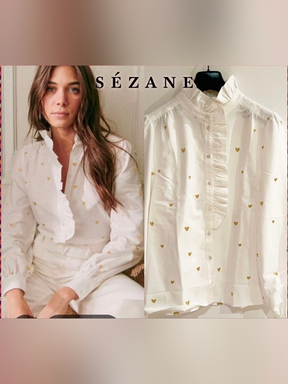 Sezane White Blouse with Gold Heart Embroidery